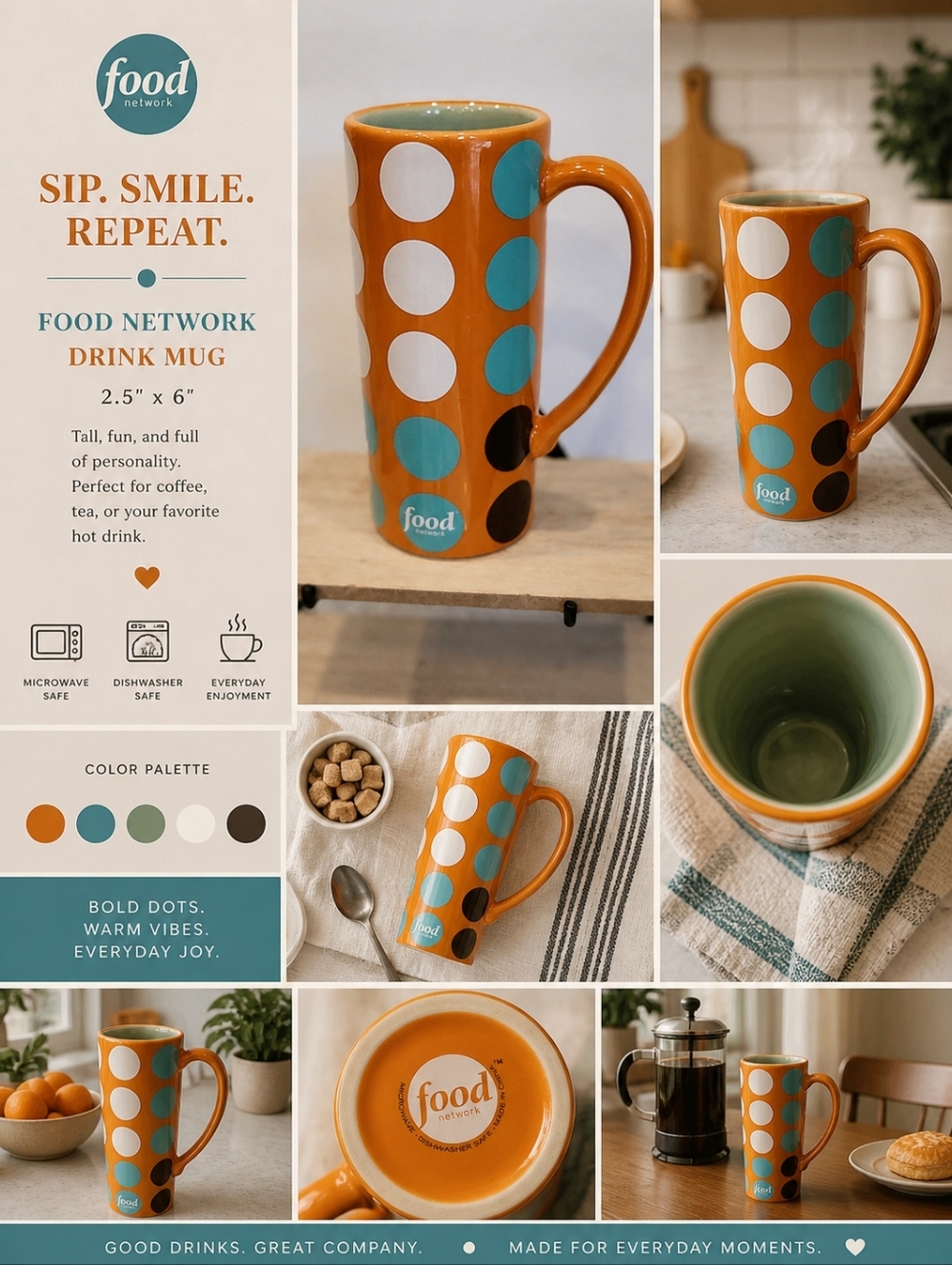 Food Network Coffee Tea Tall Mug Orange Spotted 2.5" x 6" EUC